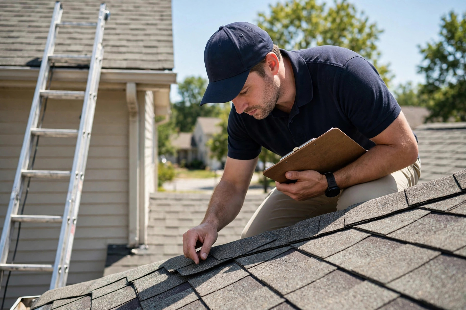 Roof inspector examining a roof