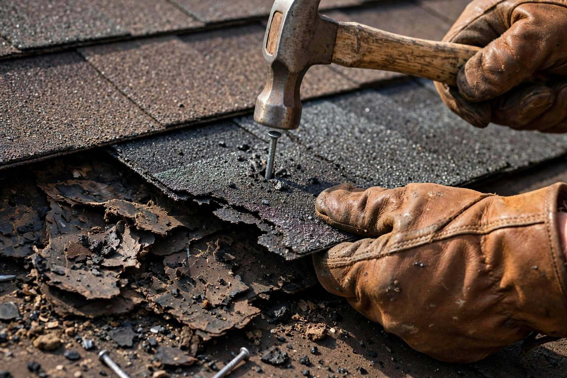 Roofer repairing damaged shingles up close