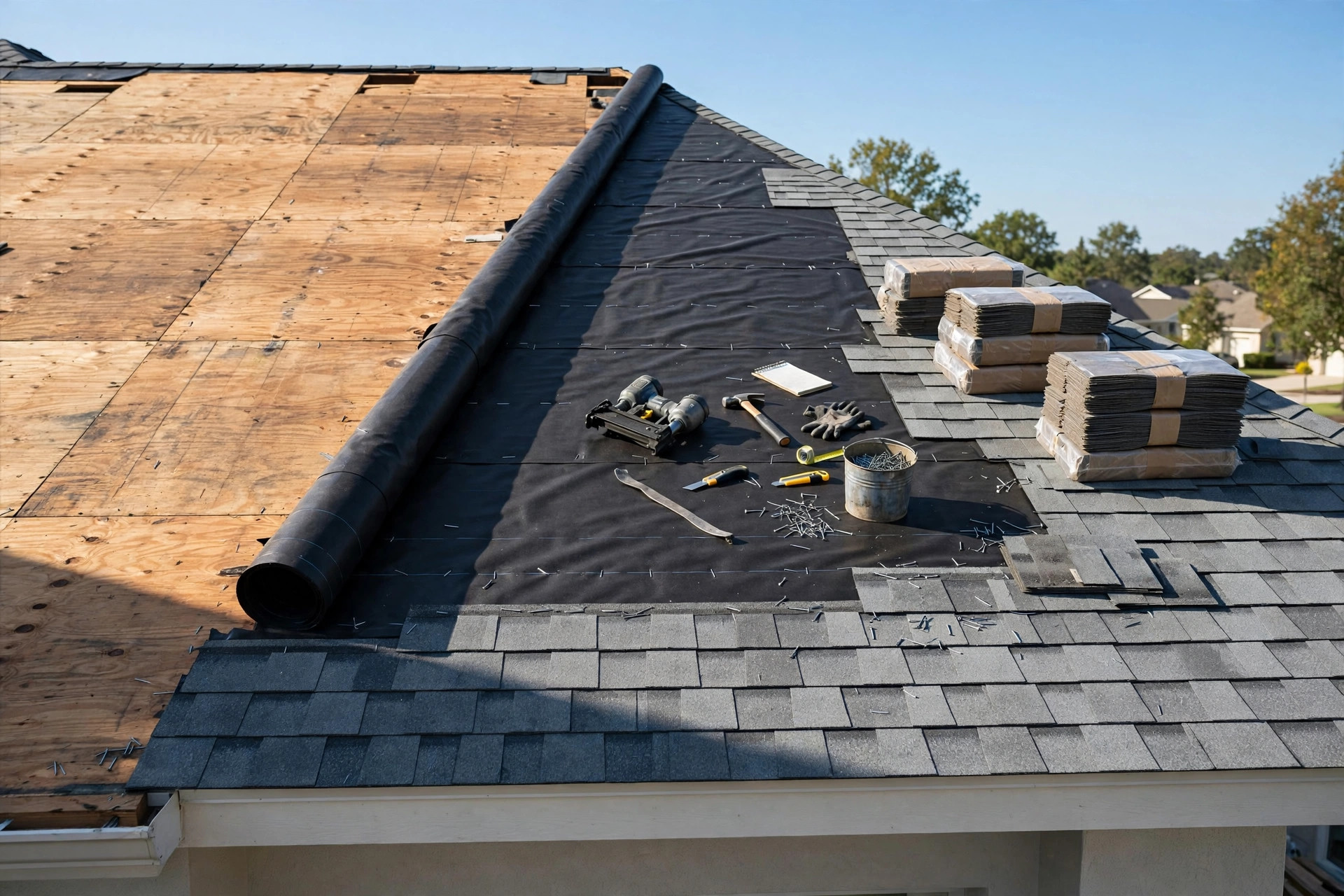 Roof tear-off in progress during a full roof replacement