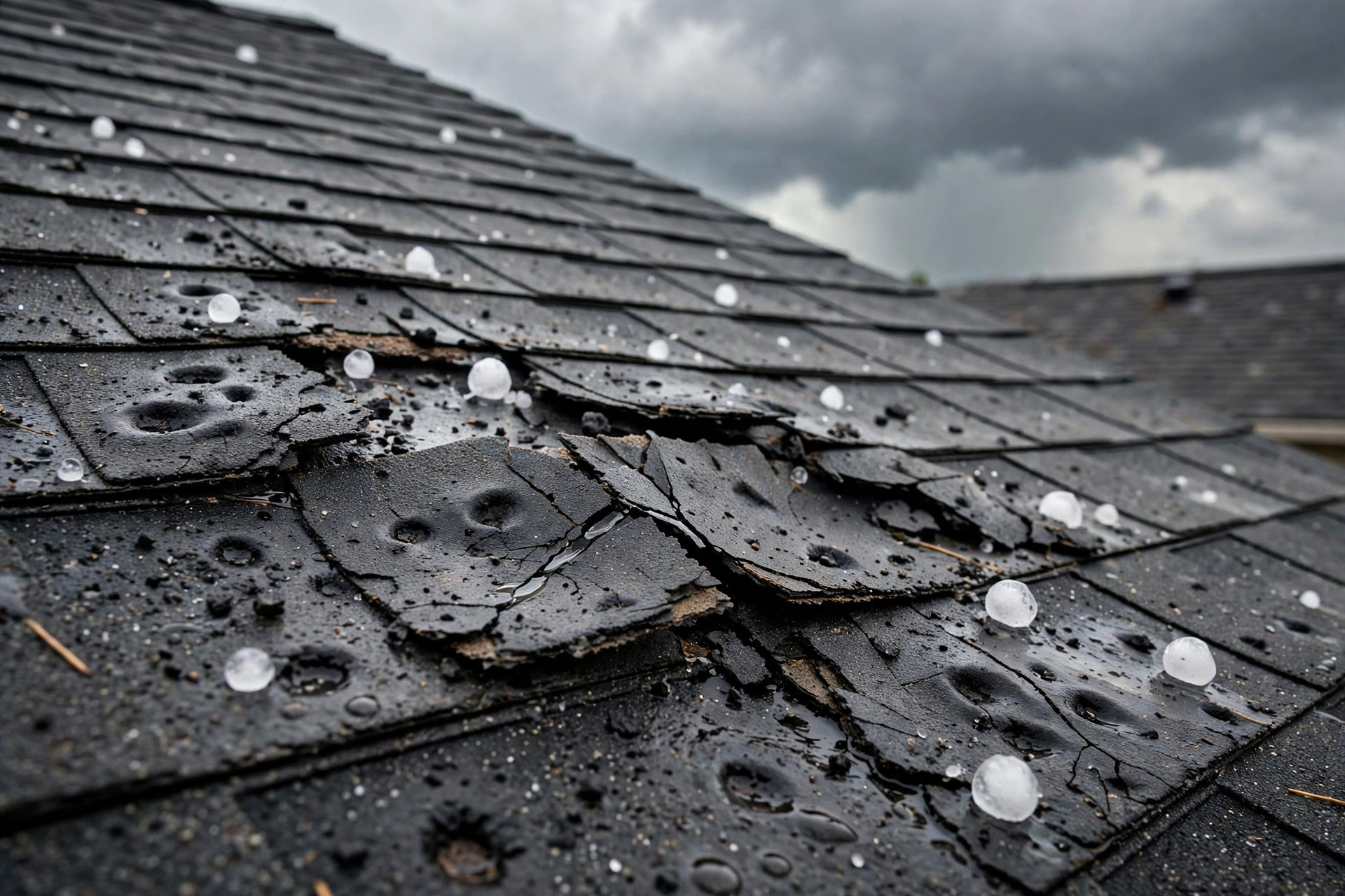 Hail-damaged asphalt shingles close-up